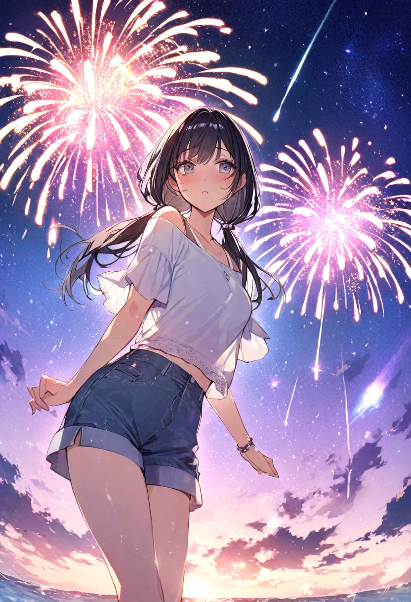 Highest quality　masterpiece　High resolution　masterpiece　Shiny black hair、Grey Eyes、Low Twintails、casual summer outfit、flowerpunk、Sparkling light particles、Vivid gradient effect、meteor、firework