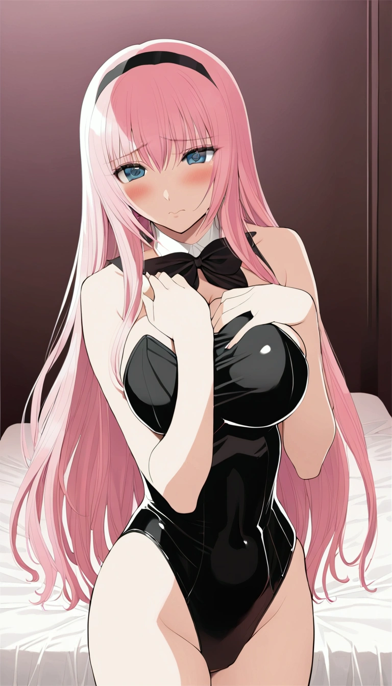 masterpiece,Beautiful adult woman ,Megurine Luka,Big Breasts,Bunny girl,Black leotard,Pink long hair,blue eyes,Embarrassed expression,blush,Bedroom,front,Complete human body