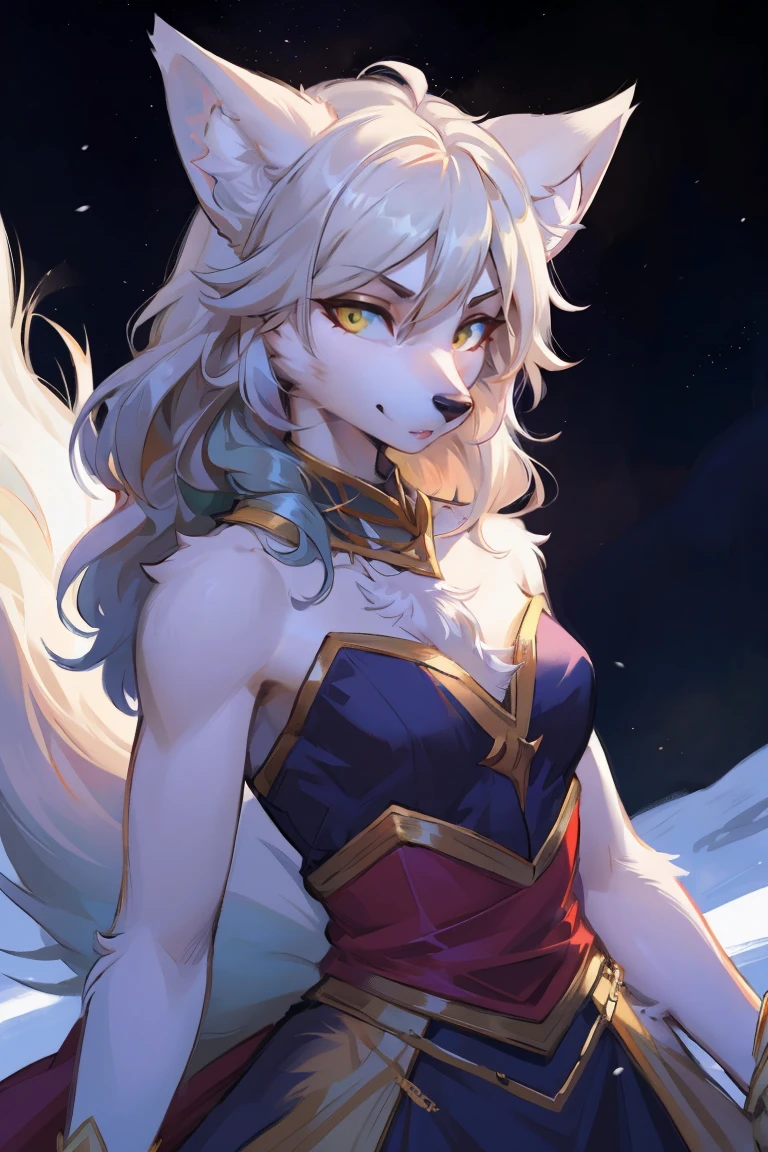 Top quality, best quality, High-quality illustrations, masterpiece, Ultra-high resolution, Detailed background, (Wolf_girl:1.2),Beautiful figure,Height 193 cm,close_up,(Fluffy anthropomorphic furry :1.6),curls,fur,Neck hair,Extremely fine fur,aldult, 33 years old, Mature, Solitary,Solitary,Snow-white wolf girl, High target, Mature,lol,Head tilt, 腼腆的微lol, Shy, No background, Dress up《Assassin&#39;s Creed》The Assassin, White+gold, XL Bust, Use wrist blade