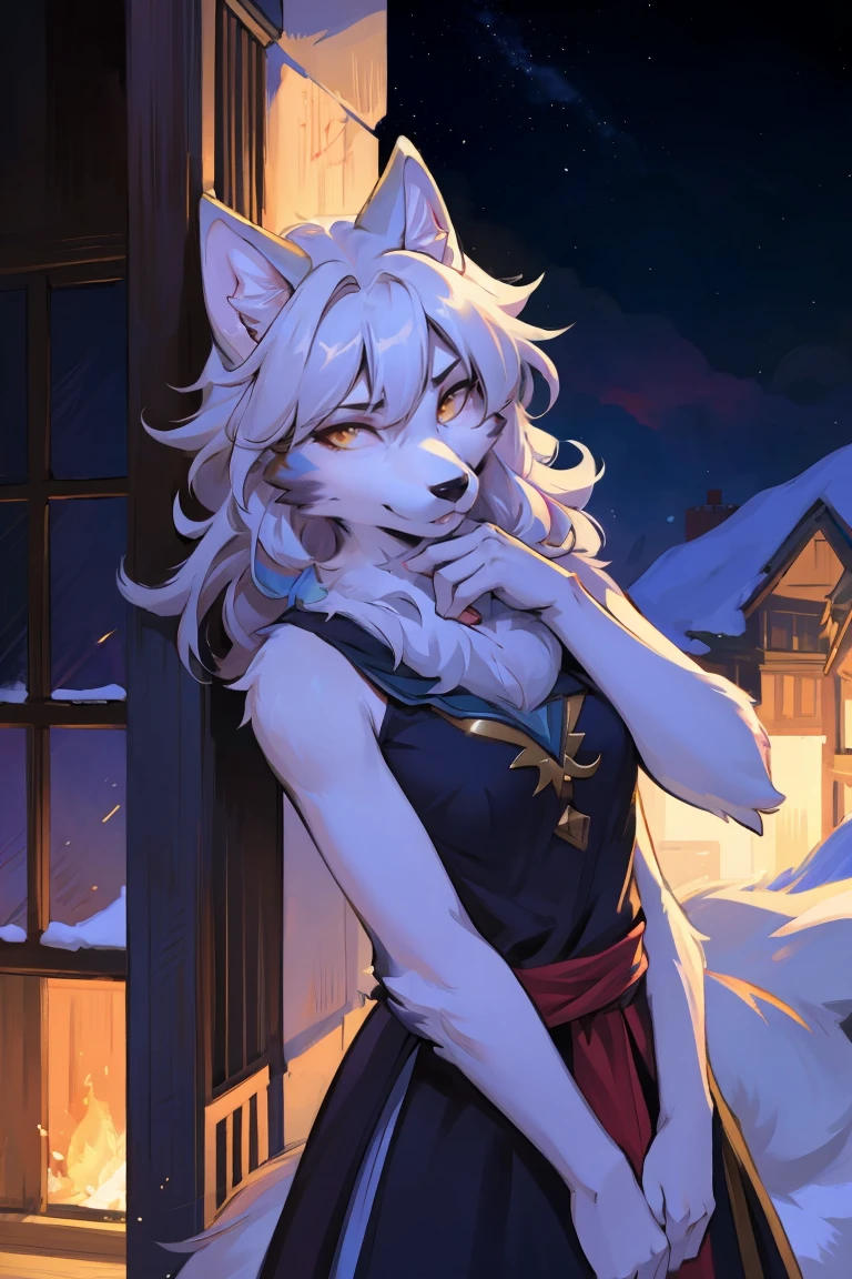 Top quality, best quality, High-quality illustrations, masterpiece, Ultra-high resolution, Detailed background, (Wolf_girl:1.2),Beautiful figure,Height 193 cm,close_up,(Fluffy anthropomorphic furry :1.6),curls,fur,Neck hair,Extremely fine fur,aldult, 33 years old, Mature, Solitary,Solitary,Snow-white wolf girl, High target, Mature,lol,Head tilt, 腼腆的微lol, Shy, No background, Dress up《Assassin&#39;s Creed》The Assassin, White+gold, XL Bust, Use wrist blade