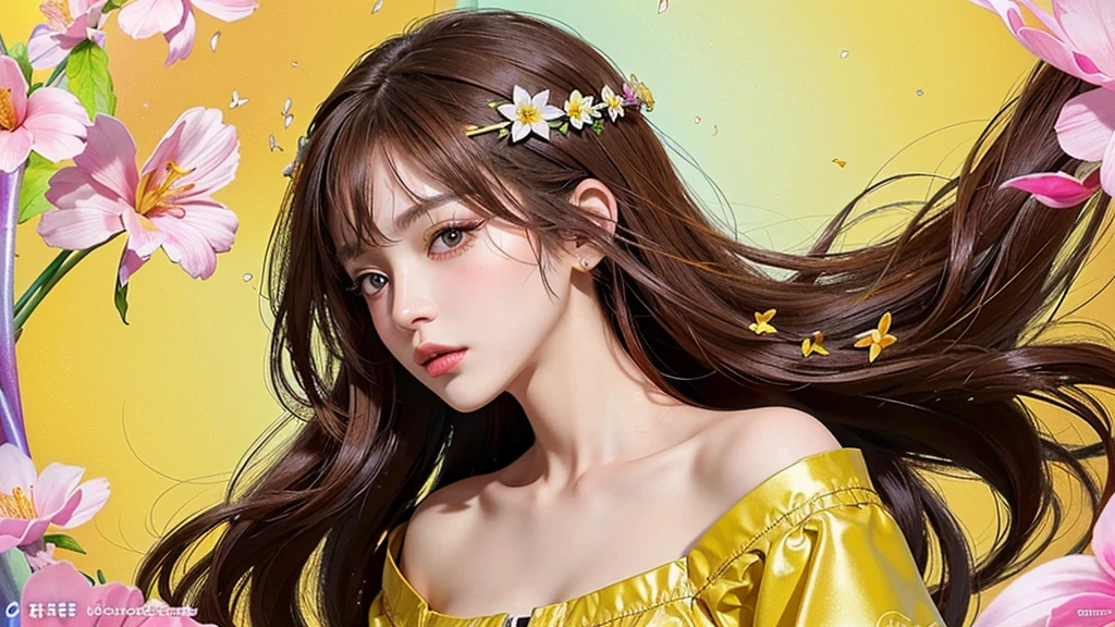 One girl, alone, flower畑, flower, (Official Art, unity 8k wallpaper, Super detailed, beautifully、aesthetic, masterpiece ,Highest quality:1.3), (Dynamic Angle:1.4), (Floating colorful sparkles:1) , elegant, Vibrant colors, Highly detailed face, Detailed eyes, Glowing Skin, Glossy Lips , Red and yellow background, Brown Hair,