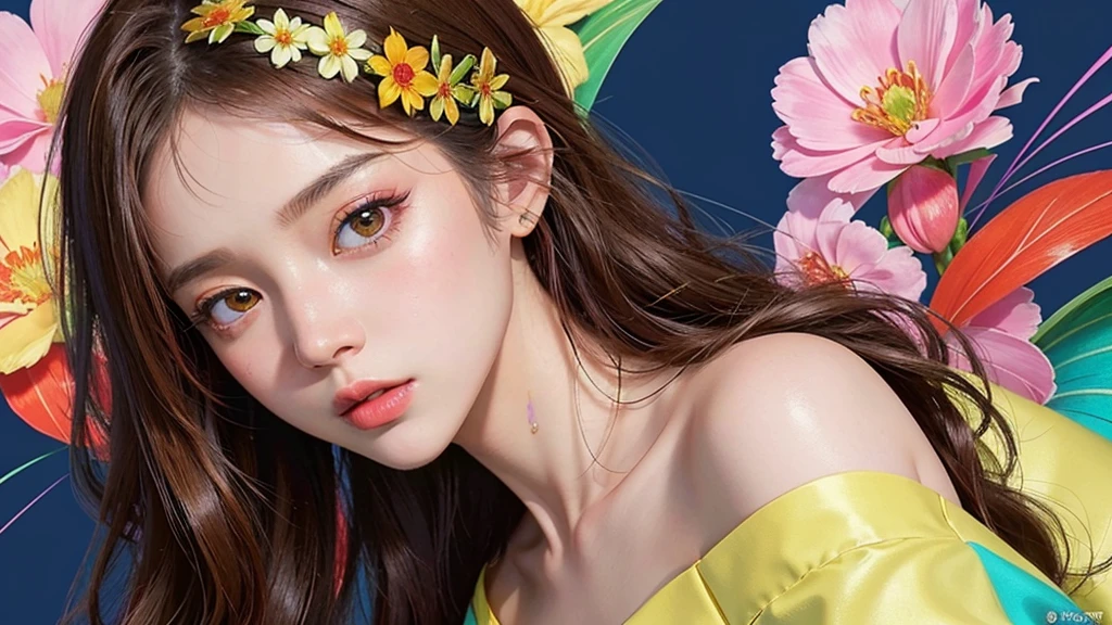 One girl, alone, flower畑, flower, (Official Art, unity 8k wallpaper, Super detailed, beautifully、aesthetic, masterpiece ,Highest quality:1.3), (Dynamic Angle:1.4), (Floating colorful sparkles:1) , elegant, Vibrant colors, Highly detailed face, Detailed eyes, Glowing Skin, Glossy Lips , Red and yellow background, Brown Hair,