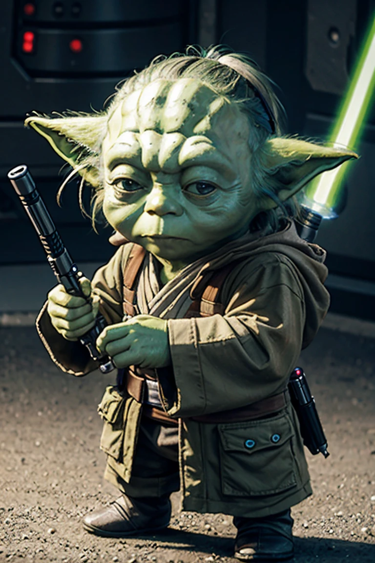 short yoda with a huge banged mullet, realistic in the style of star wars