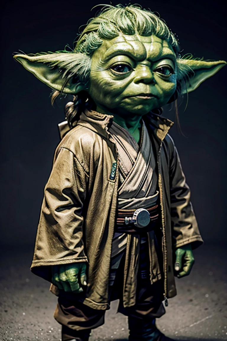 short yoda with a huge banged mullet, realistic in the style of star wars