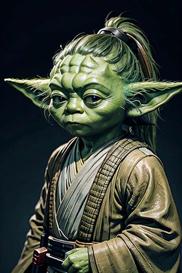 short yoda with a huge banged mullet, realistic in the style of star wars