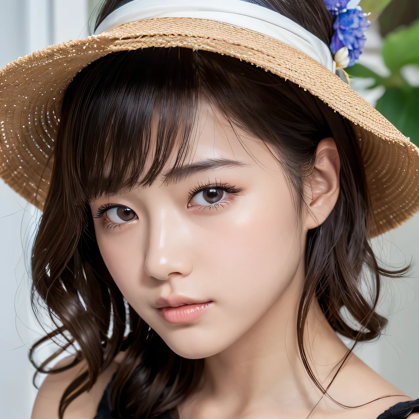 (Highest quality、Tabletop、8k、Best image quality), yuimetal, Black Bikini、blue sky、White thundercloud、Wearing a straw hat、Droopy eyes、Natural Makeup、Ultra-high resolution beauty face、Ultra HD Hair、Ultra-high resolution sparkling eyes、Ultra-high resolution perfect teeth、Ultra-high resolution, Shiny, Beautiful Skin、Super high quality glossy lip、Accurate anatomy、