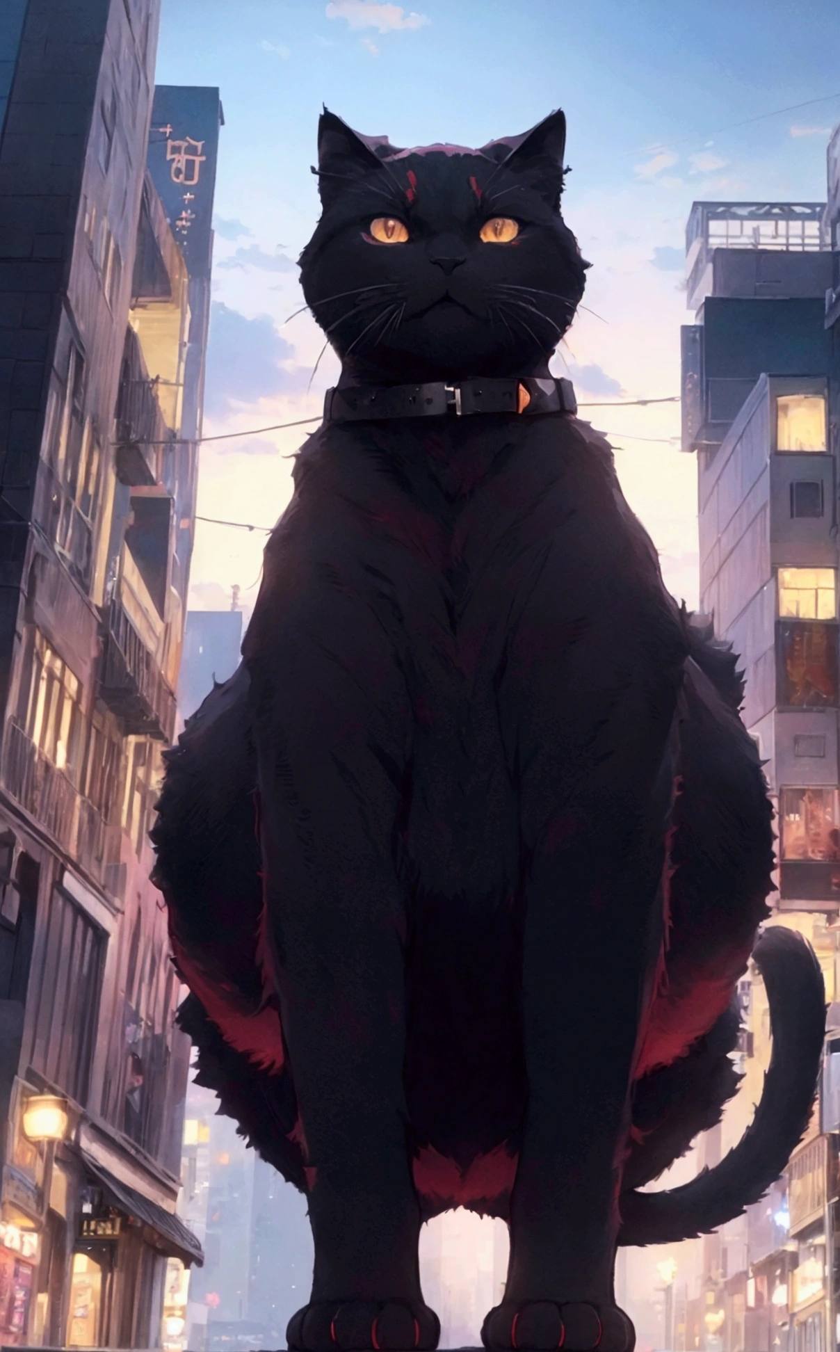 score_9,(best quality,4k,8k,highres,masterpiece:1.2),a ultra-gigantic cat sits on a building, crowd, city, from below, cinematic angle, anime, ultra-detailed,vivid colors,dramatic lighting,