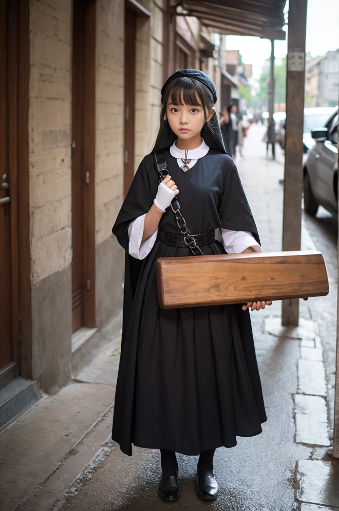 A girl carrying a wide wooden board on her shoulder(you can、The girl's neck and both wrists pierce the planks、Detained)、Priestessess(Black monastic vestments、Stuffed collar、blouse、Long skirt、Knee-high socks、Long gloves)、prison(prohibit、Cobblestones、chain)