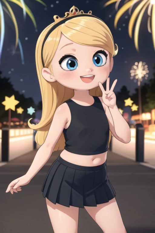 ((masterpiece, best quality)),1girl, solo,, yellow princess tiara, penny peterson, long blonde hair, blue eyes, black sleeveless crop top, black pleated skirt, white trimmings, a cute smile, excited, laughing, kawaii, peace sign, vibrant, rainbows, 4k, blue bubbles, stars, fireworks, best shadows, watercolor,