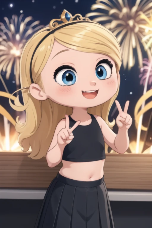 ((masterpiece, best quality)),1girl, solo,, yellow princess tiara, penny peterson, long blonde hair, blue eyes, black sleeveless crop top, black pleated skirt, white trimmings, a cute smile, excited, laughing, kawaii, peace sign, vibrant, rainbows, 4k, blue bubbles, stars, fireworks, best shadows, watercolor,

