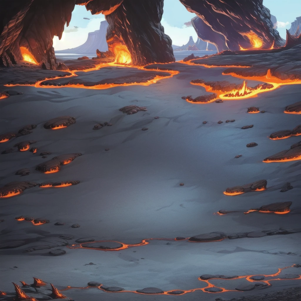 concept art, Horizontal Scene, horizon composition, There are no humans, sight, cave, rock, volcanic area, lava