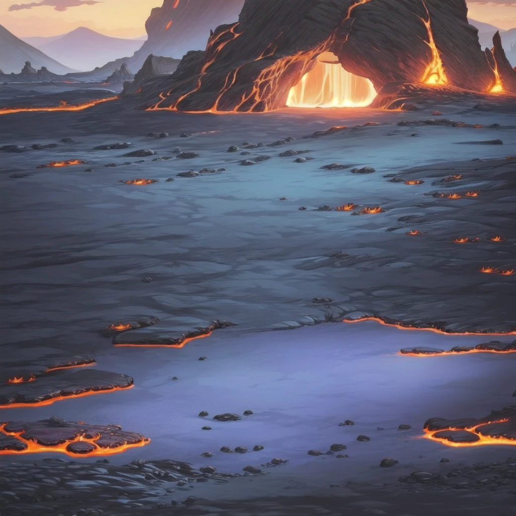 concept art, Horizontal Scene, horizon composition, There are no humans, sight, cave, rock, volcanic area, lava