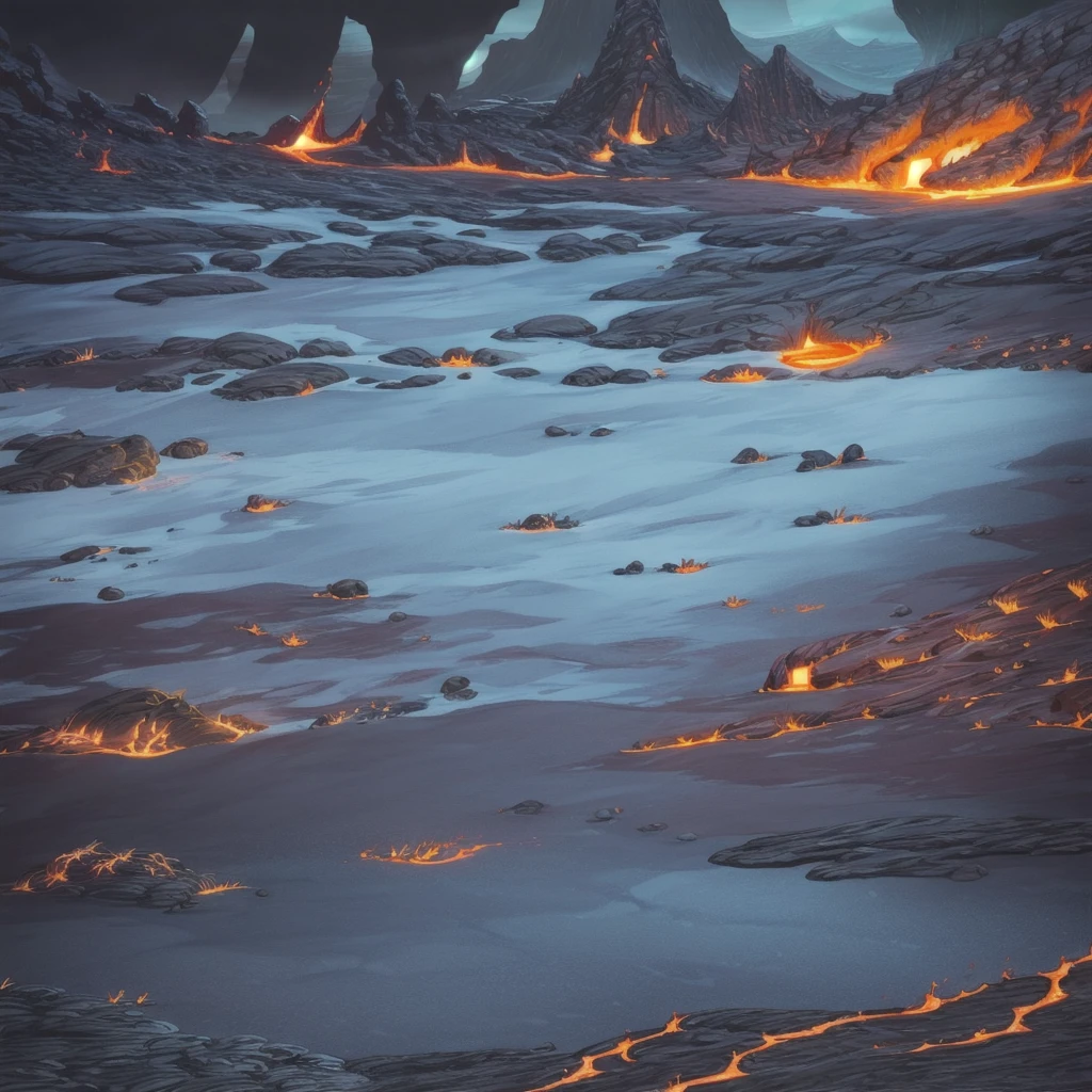 concept art, Horizontal Scene, horizon composition, There are no humans, sight, cave, rock, volcanic area, lava