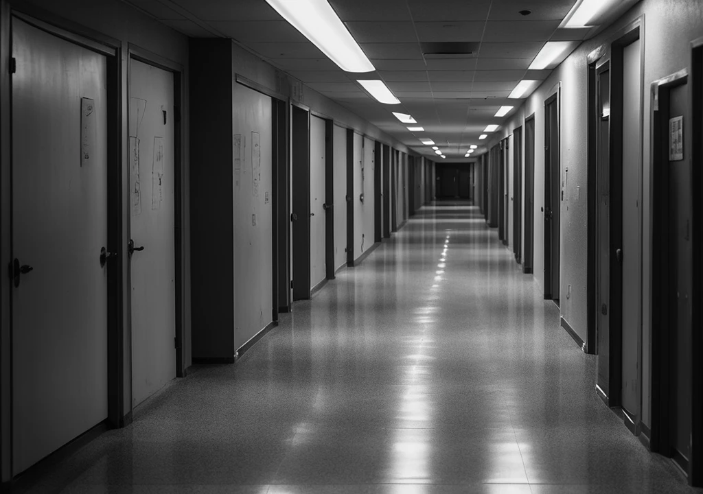 "An empty college hallway with faint whispers and footsteps echoing. Alex, eyes wide with fear, looks towards the door of the classroom. Shadows dart across