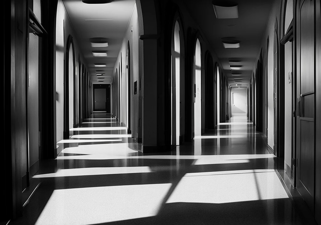"An empty college hallway with faint whispers and footsteps echoing. Alex, eyes wide with fear, looks towards the door of the classroom. Shadows dart across