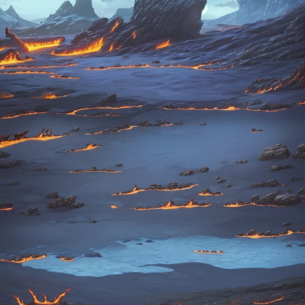 concept art, Horizontal Scene, horizon composition, There are no humans, sight, cave, rock, volcanic area, lava