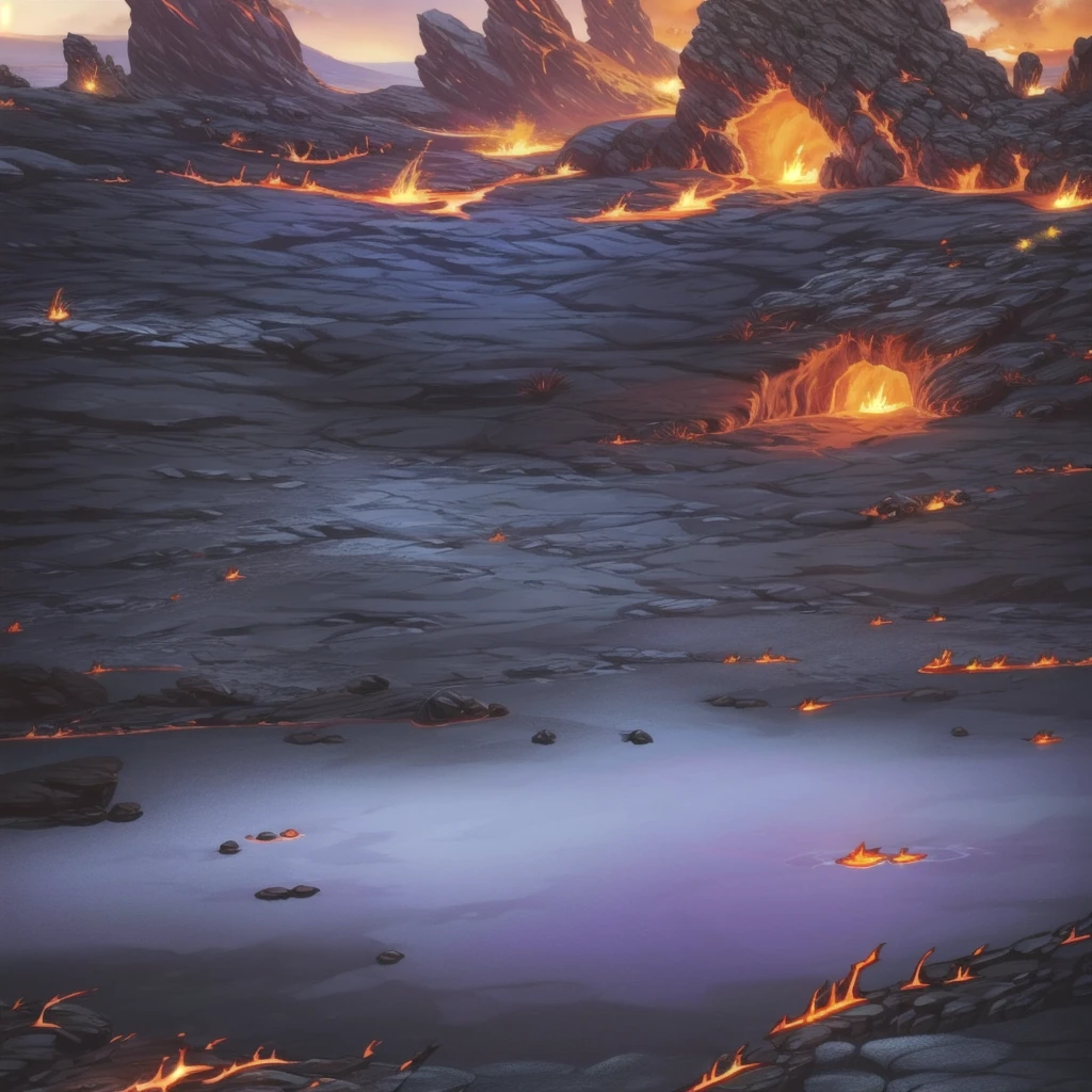 concept art, Horizontal Scene, horizon composition, There are no humans, sight, cave, rock, volcanic area, lava