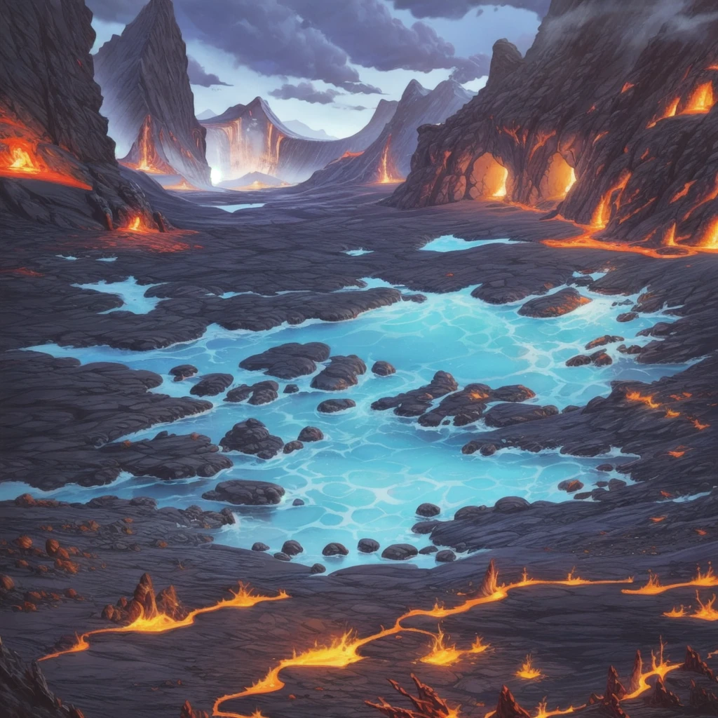 concept art, Horizontal Scene, horizon composition, There are no humans, sight, cave, rock, volcanic area, lava