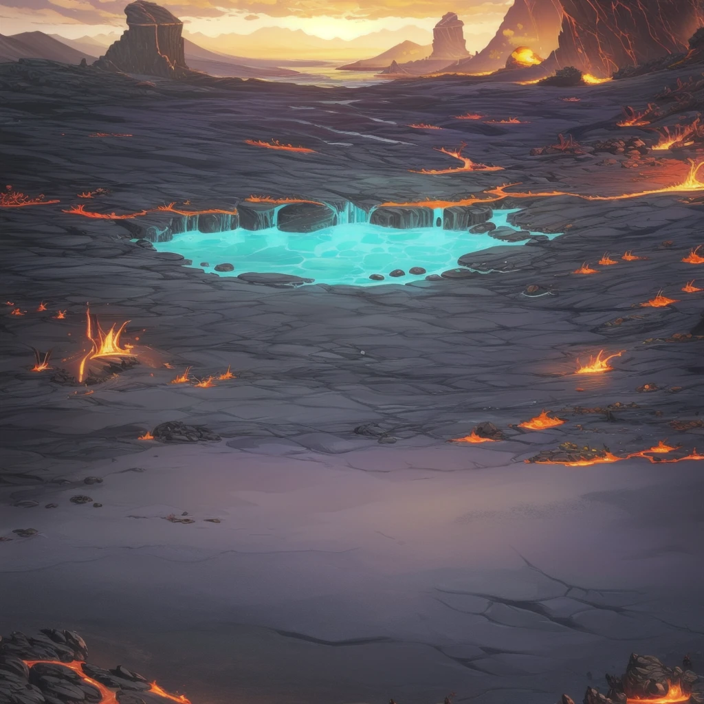 concept art, Horizontal Scene, horizon composition, There are no humans, sight, cave, rock, volcanic area, lava