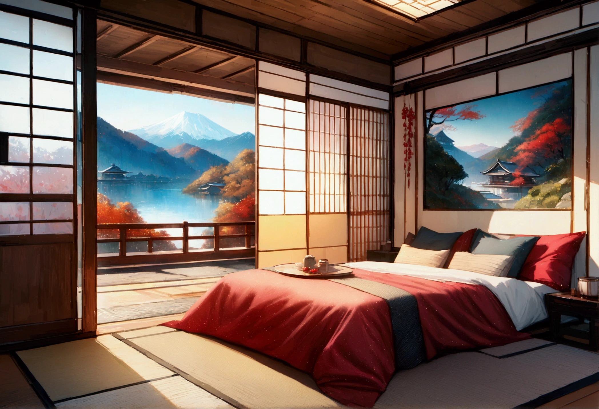 Holiday Homes, Large windows and beautiful Japanese scenery,Japanese Room,Glitter effect,Highest quality, 8k, High resolution, masterpiece:1.2, Very detailed, Realistic:1.37, High resolution, 超High resolution, Ultra-fine painting, Very detailed, Professional, Vibrant colors