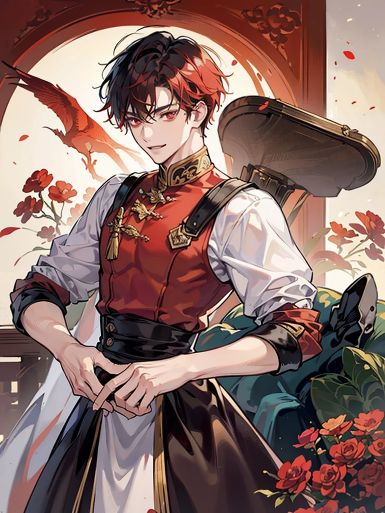 boy, red eyes, red curry hair. sadistic, t shirt. he so arrogant. handsome man. very short hair. like a man. gentleman. like a prince, background in mansion, kind smiling. he noble. have bangs