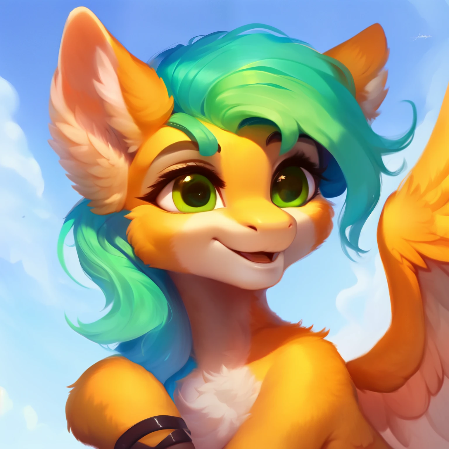 rating_safe, score_9, fluffy, a child , a pegasus pony with spread wings. She had beige skin, a light green mane, a happy smile, and innocent and clear golden eyes. happily