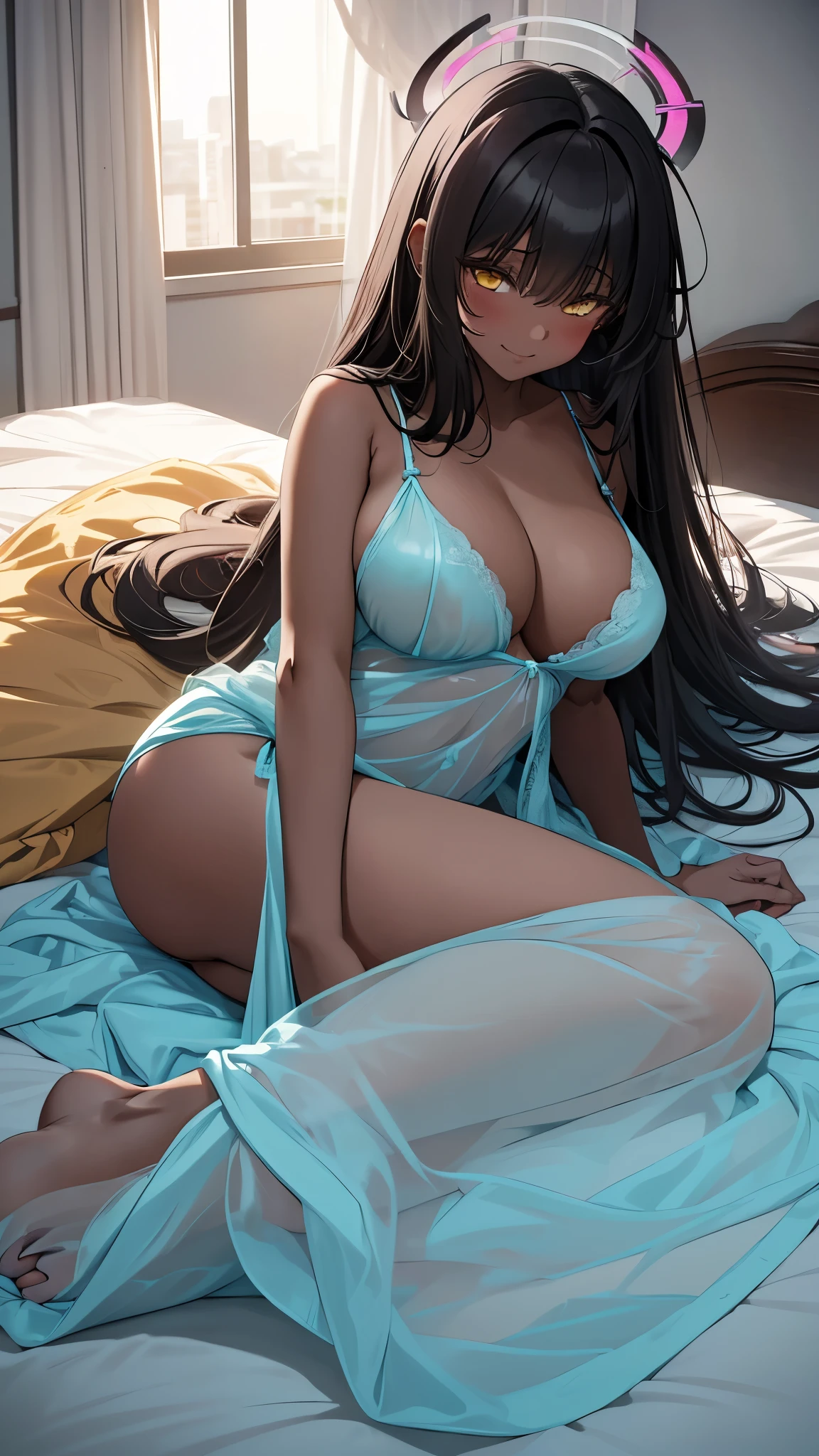 Masterpiece, best quality, long black hair, halo, bangs, yellow eyes, (( light blue negligee )), (big tits, sft pink areola), looking at viewer, blushing little smile, (morning situatio, bedroom, lying on bed), (see through, see through nipples), soft lighting