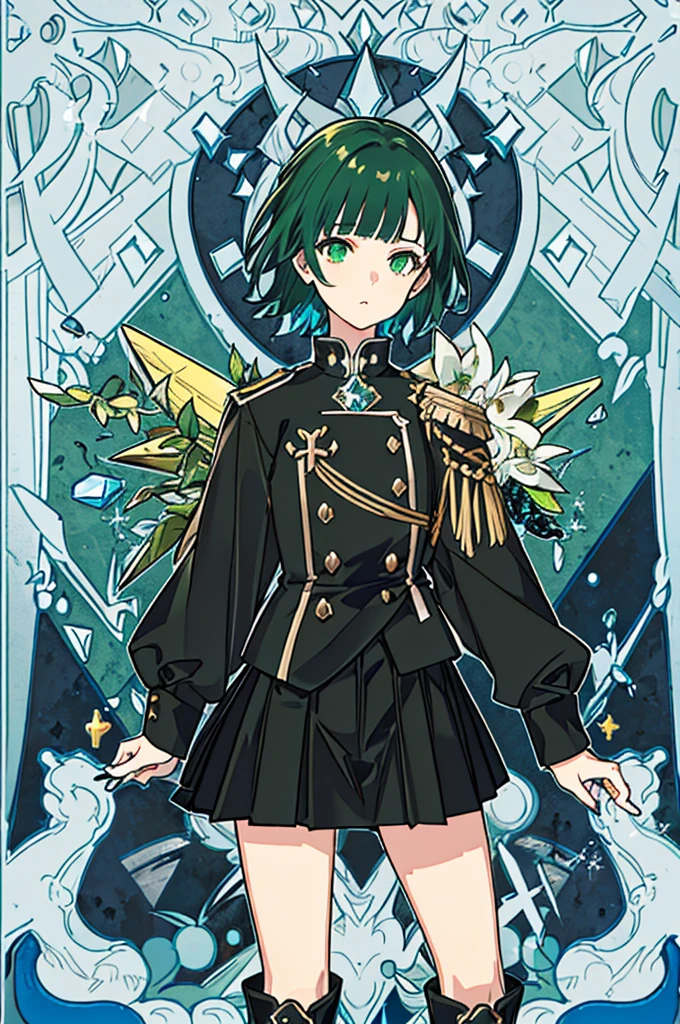 [(with a cathedral background:1.4)::5],original,(shape:1.1),(highest quality),(Tabletop:1.1),(Highly detailed CG Unity 8k wallpaper:1.1), (colorful:0.9),(Mid Shot:0.95),(very detailed beautiful whole body),Dynamic Angle,(alone:1.2), (girl),(((Adult))), (Beautiful eyes in every detail:1.15), (Beautiful Face:1.15), (Glowing green eyes:1.25////),(Gemstone Eyes),(Green Short Hair),(Blunt bangs),((The girl wear a black knight uniform)),Realistic,, girl,Green Hair,((Black long boots)), Black mini skirt,Black knee socks(rage),(Contempt and contempt),rage,(beautiful slender girl),((Adult)),((upper body)),Valkyrie, Decorations,((Thin legs)),((slender girl)),Front Angle,Front Angle,