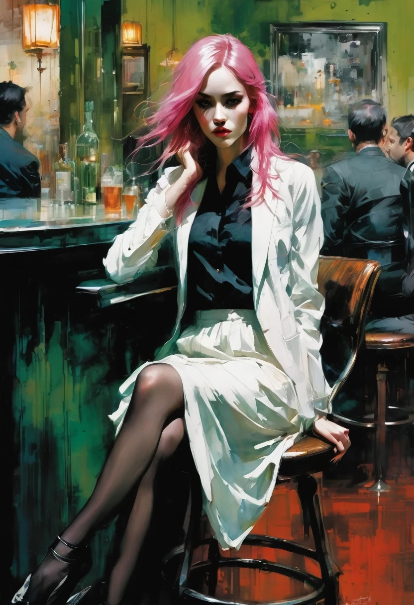 Beautiful girl with fair skin, long green and pink hair, wearing a white shirt, black skirt, black jartier, stiletto heel shoes, sits with her legs open on a table in a small room, with influence of jeremy mann, style of jeremy mann, jeremy mann art, in a bar, jeremy mann painting, jeremy mann, at a bar, drawn in a neo - noir style, by Ludwik Konarzewski, ashley wood illustration