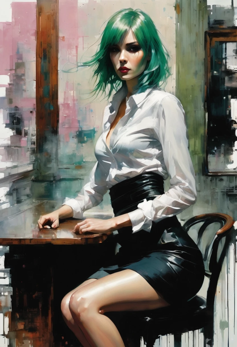 Beautiful girl with fair skin, long green and pink hair, wearing a white shirt, black skirt, black jartier, stiletto heel shoes, sits with her legs open on a table in a small room, with influence of jeremy mann, style of jeremy mann, jeremy mann art, in a bar, jeremy mann painting, jeremy mann, at a bar, drawn in a neo - noir style, by Ludwik Konarzewski, ashley wood illustration