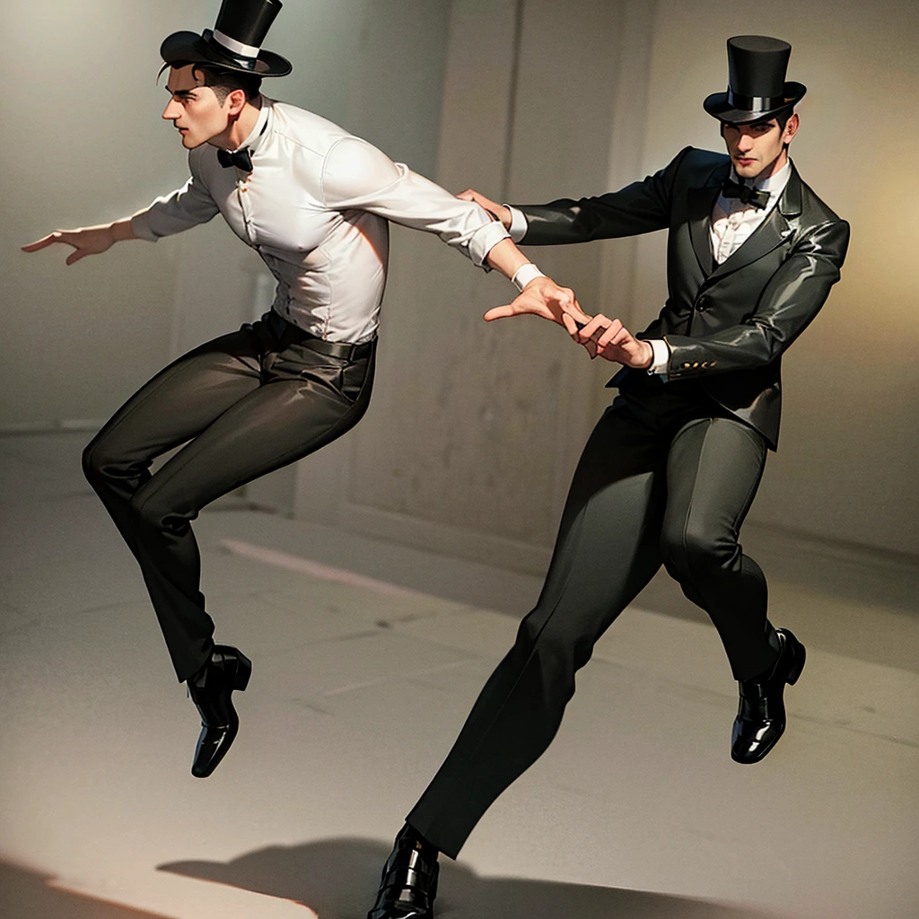 masterpiece, Highest quality, Realistic, 1 person, Mature Men, A quiet and attractive young man, Age 25, Close ~ eyes, Serious expression, Highly detailed face, ((Dark grey eyes)), ((Short dark brown hair swept to the right)), [Thick eyebrows], Thief, city, ((Wearing a top hat)), Cinema Lighting, Looking at the audience, Postural dynamics,Side angle、((Full body view))