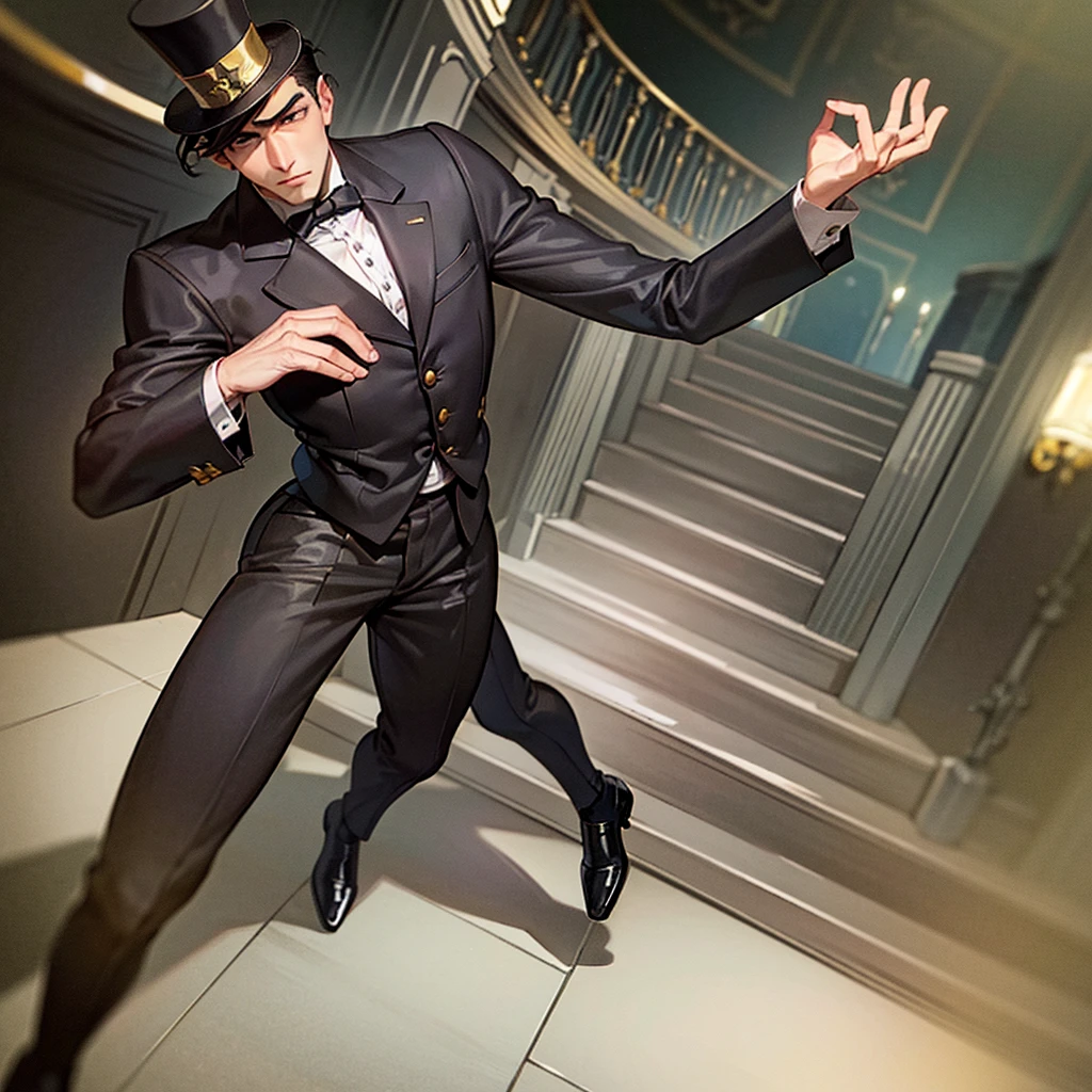 masterpiece, Highest quality, Realistic, 1 person, Mature Men, A quiet and attractive young man, Age 25, Close ~ eyes, Serious expression, Highly detailed face, ((Dark grey eyes)), ((Short dark brown hair swept to the right)), [Thick eyebrows], Thief, city, ((Wearing a top hat)), Cinema Lighting, Looking at the audience, Postural dynamics,Side angle、((Full body view))