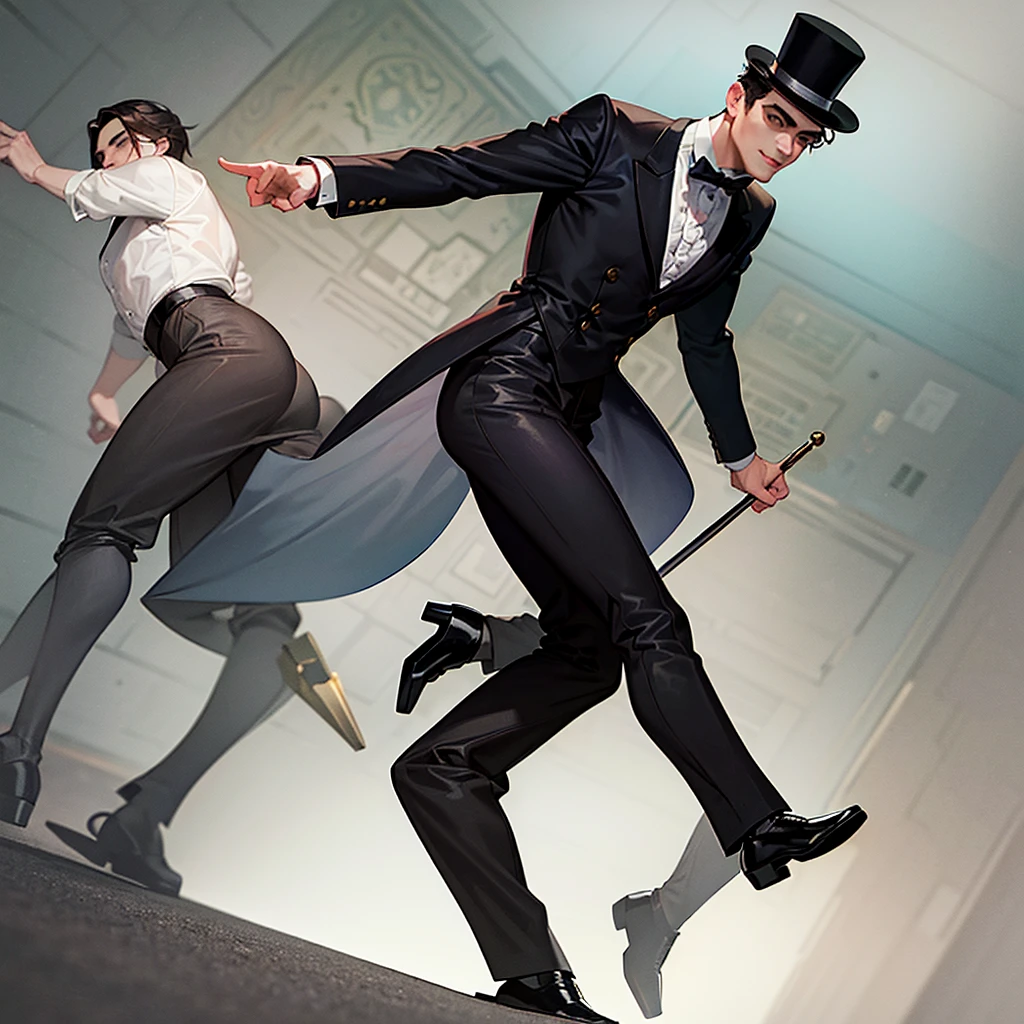 masterpiece, Highest quality, Realistic, 1 person, Mature Men, A quiet and attractive young man, Age 25, Close ~ eyes, Serious expression, Highly detailed face, ((Dark grey eyes)), ((Short dark brown hair swept to the right)), [Thick eyebrows], Thief, city, ((Wearing a top hat)), Cinema Lighting, Looking at the audience, Postural dynamics,Side angle、((Full body view))
