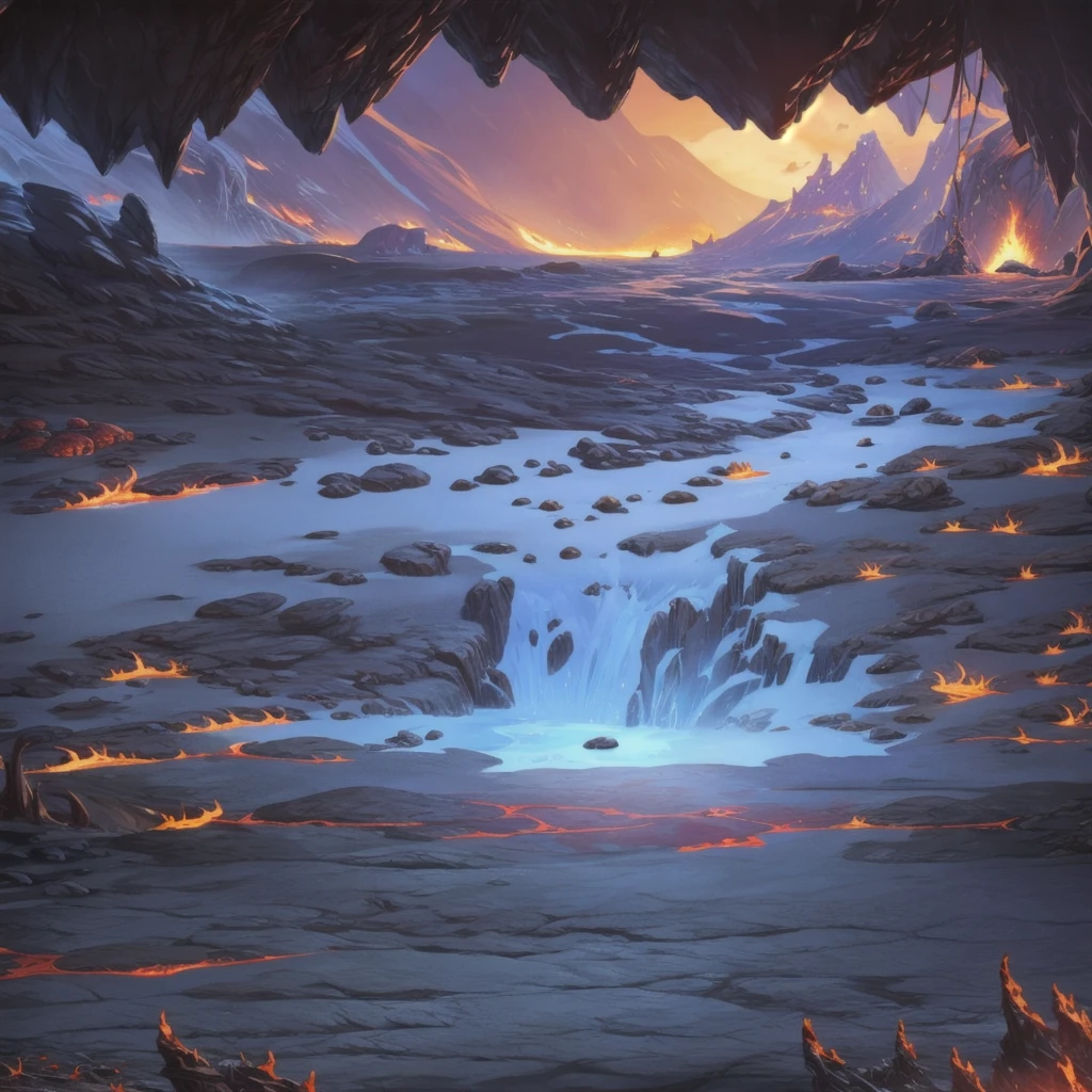 concept art, Horizontal Scene, horizon composition, There are no humans, sight, cave, rock, volcanic area, lava