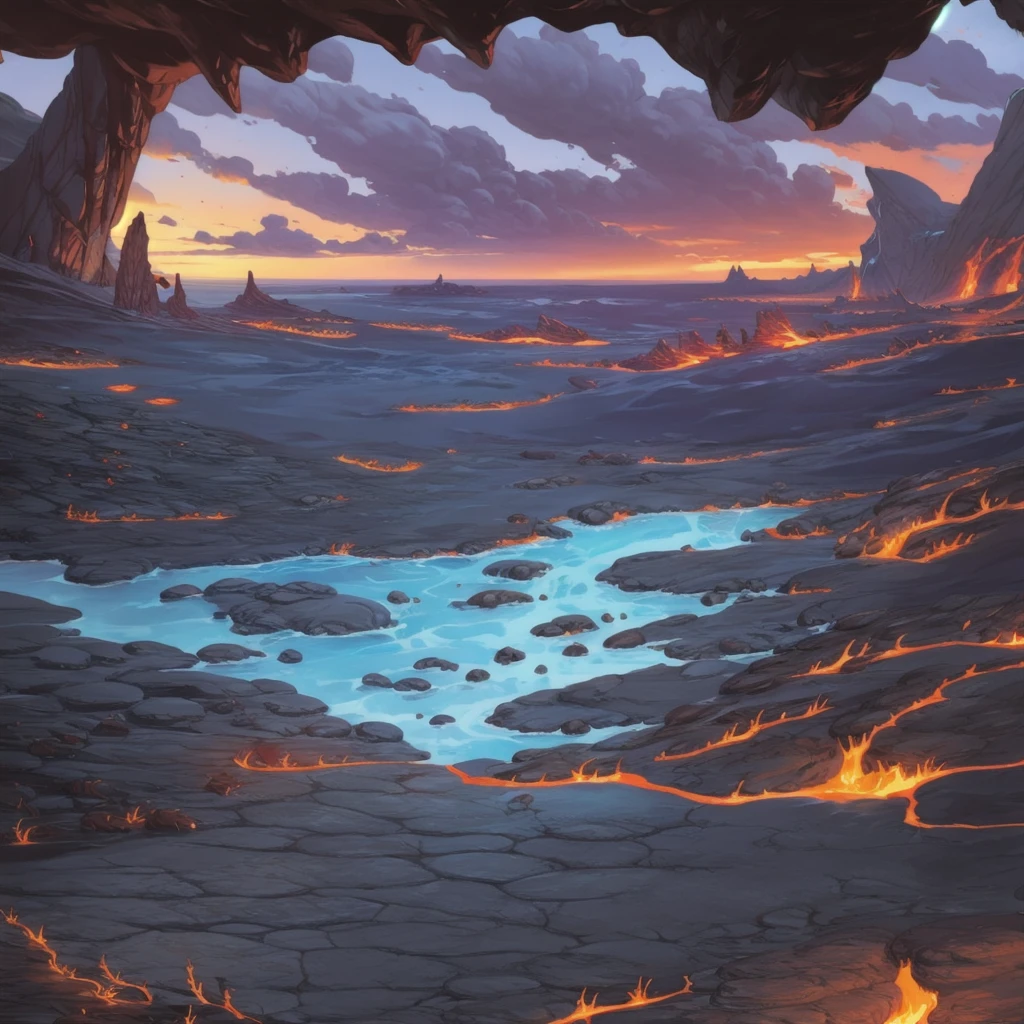 concept art, Horizontal Scene, horizon composition, There are no humans, sight, cave, rock, volcanic area, lava