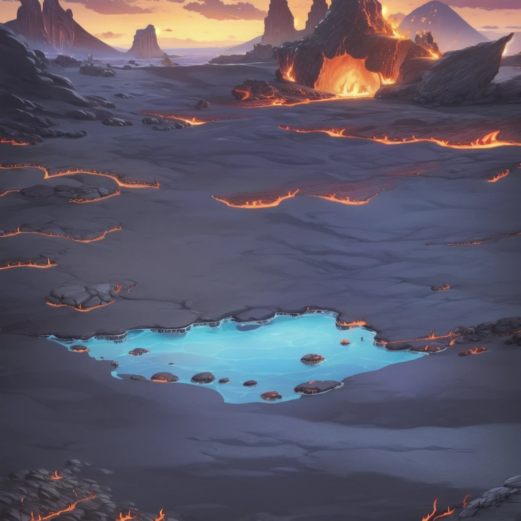 concept art, Horizontal Scene, horizon composition, There are no humans, sight, cave, rock, volcanic area, lava