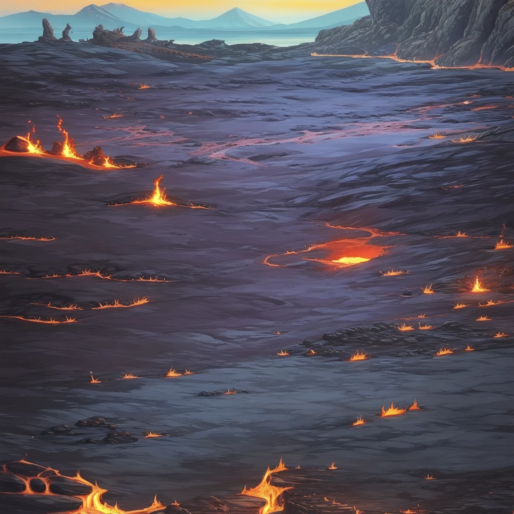 concept art, Horizontal Scene, horizon composition, There are no humans, sight, cave, rock, volcanic area, lava