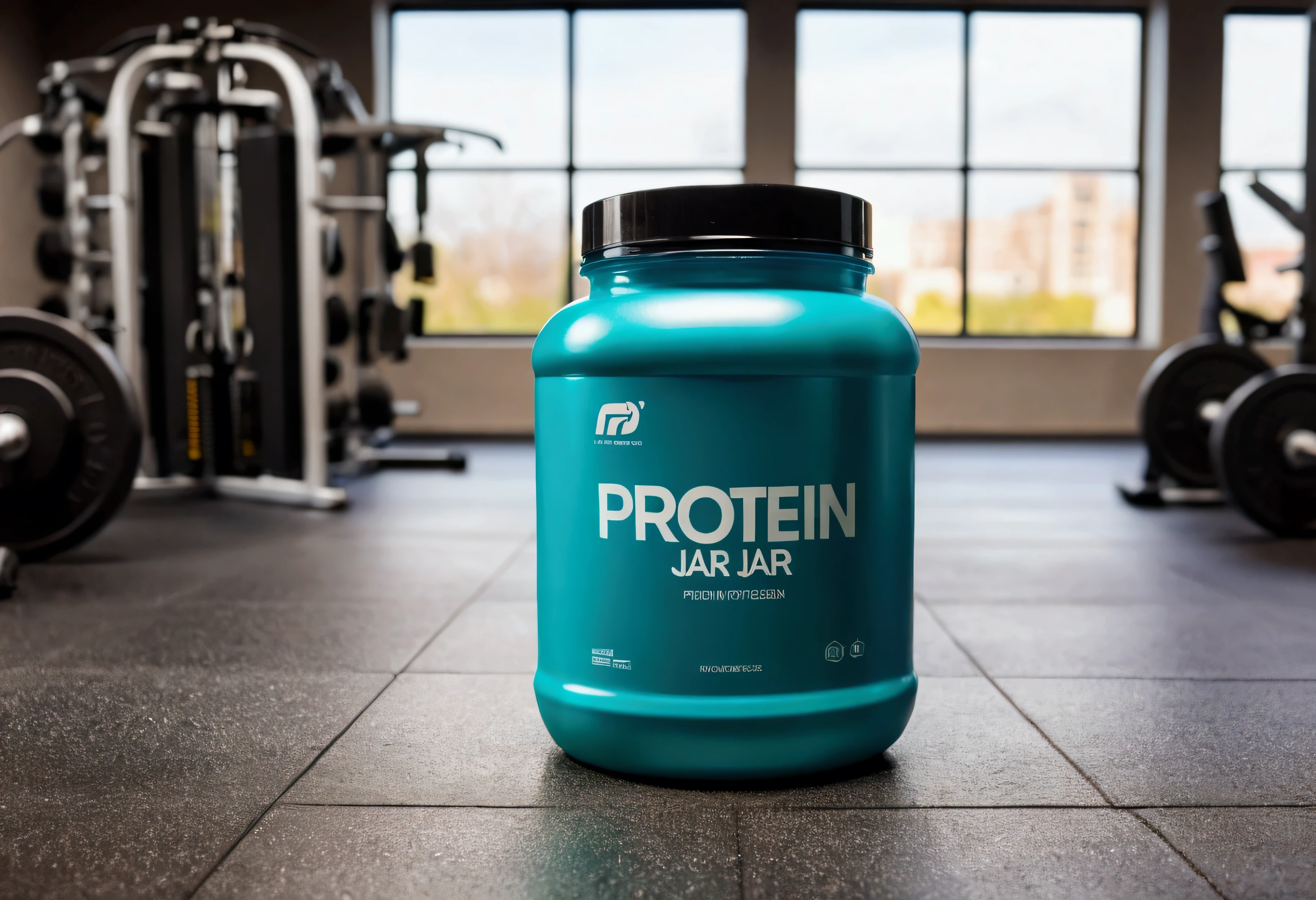 a picture of a protein jar (solid color jar) on the floor (no label on the jar), gym in the background like in a commercial, gym out of focus