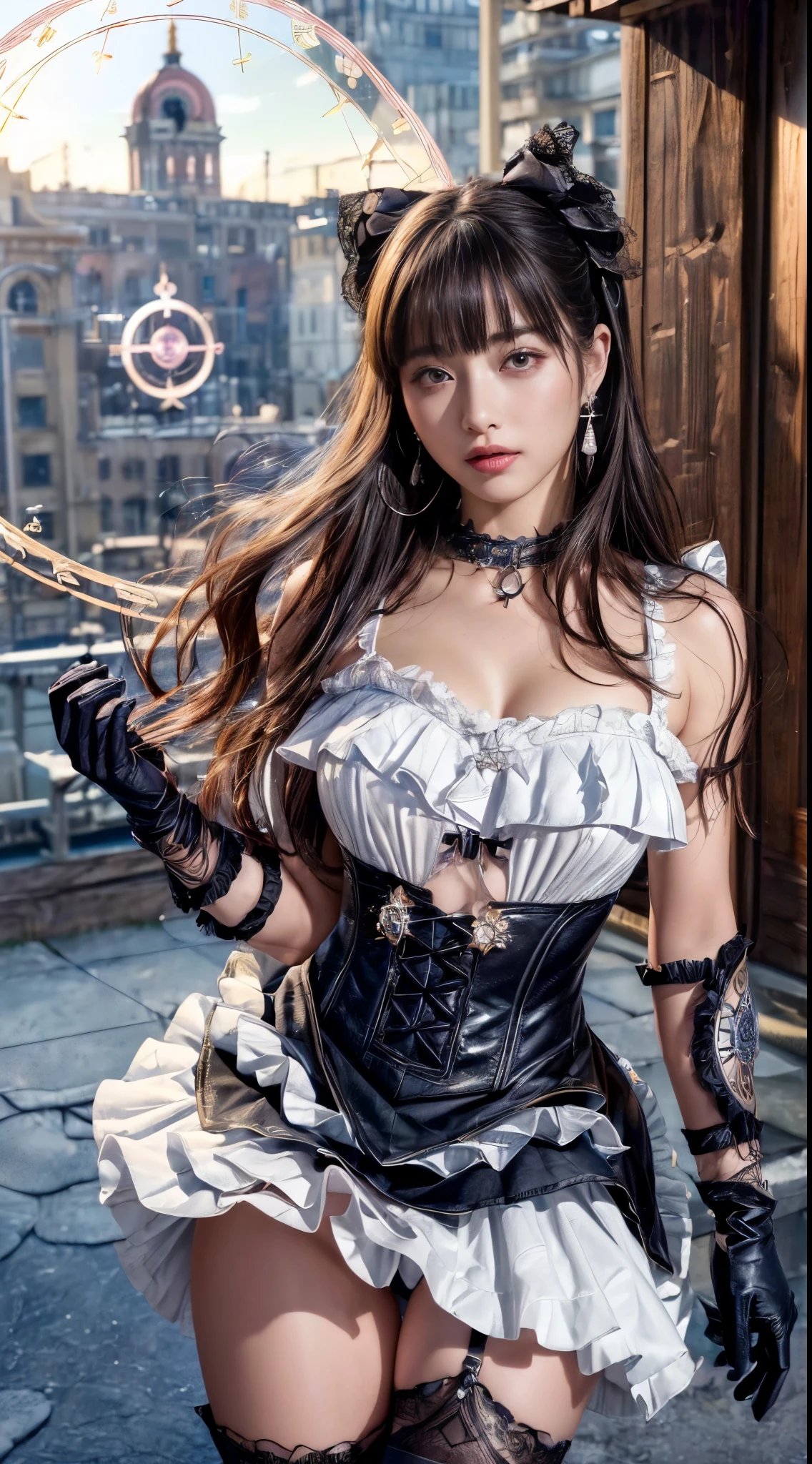 (((Cowboy Shot)))、(Looking at the audience)、(((Magical girl)))、(((alone)))、Big Breasts、The wind is blowing、Outdoor、hair ornaments、hair accessory、(((Stand on the roof of a building)))、(((city)))、(((Ephemeral)))、Bowl Cut Hair、((Magical girlのコスチューム))、((magic circle:1.5))、(((Dark Gothic Costume)))、(((Frills)))、(((ribbon)))、(((Lace Material)))、(((Special effects:1.5)))、Highest quality,(RAW Photos:1.2)、(Realistic:1.4),(High resolution:1.4), 1 girl, Depth of written border,, Exquisitely crafted,8k, Very detailed, Perfect lighting, Spectacular Background、((Delicate painting))，(女の子の詳細なRAW Photos),(Highest quality:1.6), (超High resolution:1.5), (Realistic:1.75), 8k解像度, Canon EOS R5, 50mm,  Very detailedな,Cinema Lighting,(((Skirt Lift)))、((Cute Underwear))、((Earrings))、((Long gloves))、Thigh-high socks、(boots)、(necklace)、((Costume with Very detailed design))、(fallen Angel)、Browsing Caution:1.1
