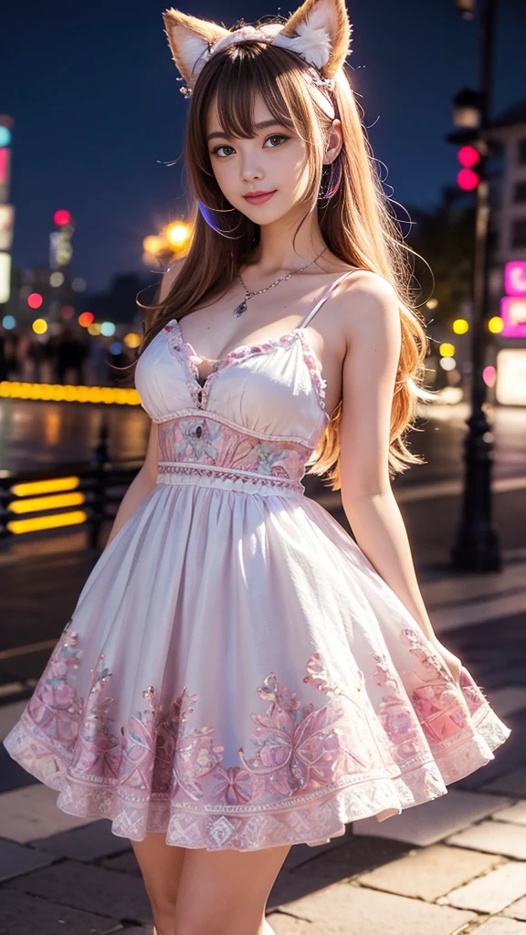 8k, Highest quality, masterpiece, Realistic, Super detailed,  photograph, High resolution, ROWphotograph, High resolution, Absurd, Cinematic Light, Official Art, High resolution, Depth of written boundary,
(close:1.2), Beautiful feet, thin, cute顔, smile, Beautiful details in the eyes, 10th Generation、cute, bright pink long hair, Detailed skin,French、
(Intricately patterned dress:1.4), (Colorful lights:1.4), (night:1.4), City Street, (neon:1.2),High resolution, chest, 大きなchest, Animal ears , Cinematic light effects, 