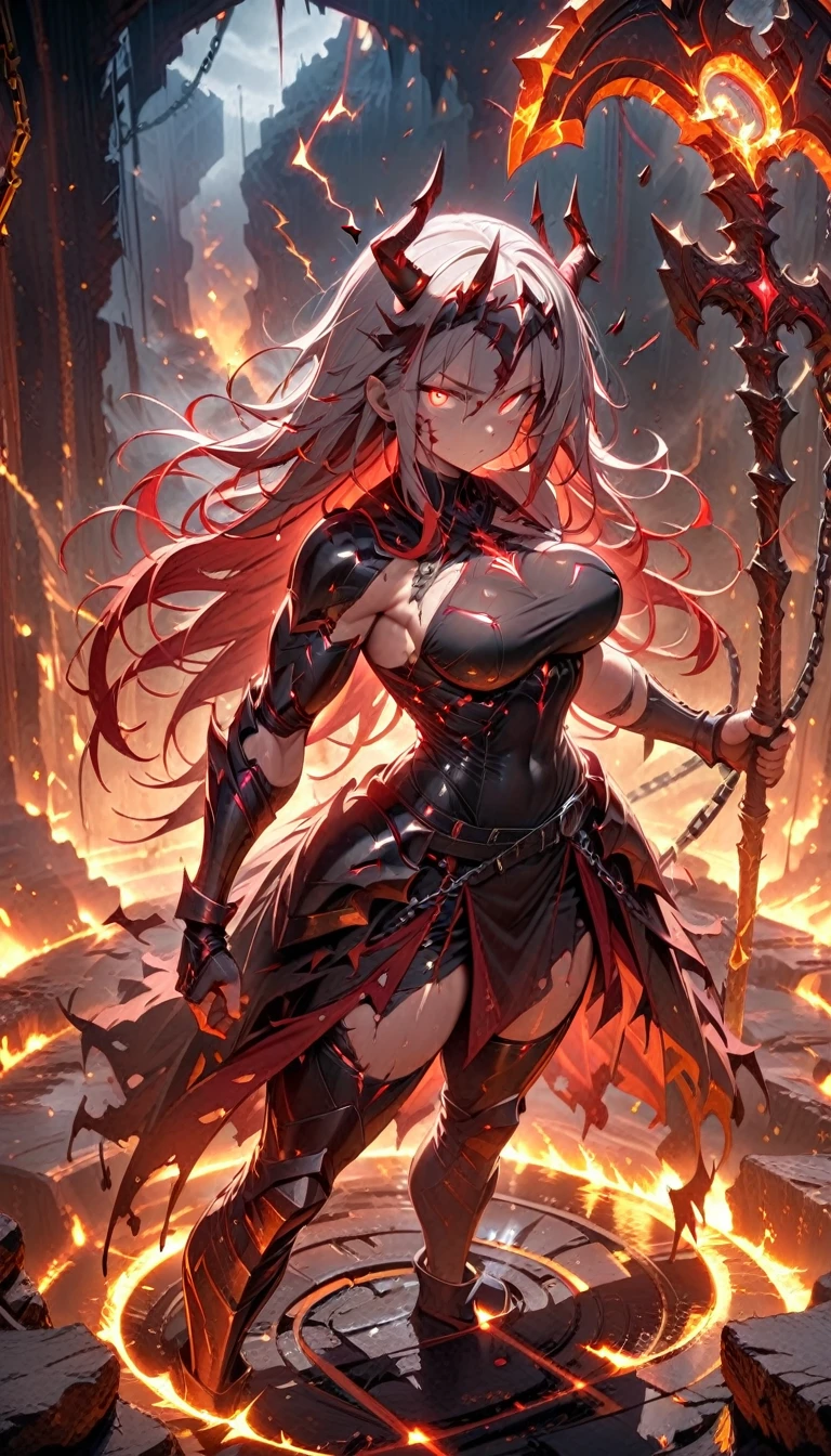 ((best quality)) , ((masterpiece)) , (detailed),axe, 1girl, female focus, horns, glowing eyes, holding, beard, glowing, solo, weapon, holding axe, facial hair, muscular, fire, holding weapon, chain, looking at viewer, long hair, lightning, muscular female, red hair, horned helmet, armor, helmet, belt, fake horns, molten rock, feet out of frame, standing, battle axe, electricity