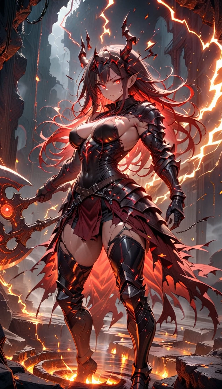 ((best quality)) , ((masterpiece)) , (detailed),axe, 1girl, female focus, horns, glowing eyes, holding, beard, glowing, solo, weapon, holding axe, facial hair, muscular, fire, holding weapon, chain, looking at viewer, long hair, lightning, muscular female, red hair, horned helmet, armor, helmet, belt, fake horns, molten rock, feet out of frame, standing, battle axe, electricity