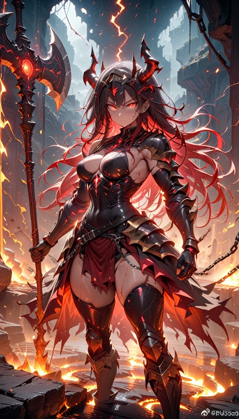 ((best quality)) , ((masterpiece)) , (detailed)，axe, 1girl, female focus, horns, glowing eyes, holding, beard, glowing, solo, weapon, holding axe, facial hair, muscular, fire, holding weapon, chain, looking at viewer, long hair, lightning, muscular female, red hair, horned helmet, armor, helmet, belt, fake horns, molten rock, feet out of frame, standing, battle axe, electricity