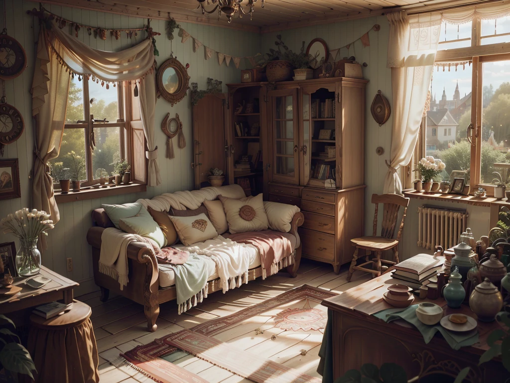 8K picture quality,best quality,masterpiece,HD,Super rich detail,detailed,Princess Lori's warm style room,Green,Cosy bedroom,Big windows,Floor-to-ceiling windows,Queen bed with pillows,clothing,notebook,There is a cabinet next to it,There are bookcases,There is a desk,There are chairs,There are flowers,There is a wardrobe,There was a sofa,There are crosses,There are masks,There are a lot of books,Overall very comfortable,extremely clean,Very informative,Big windows,Outside the window is a large rose garden,Lots of roses,There is also a great view from the window。,超HD逼真,On-site photos,Strong sense of reality