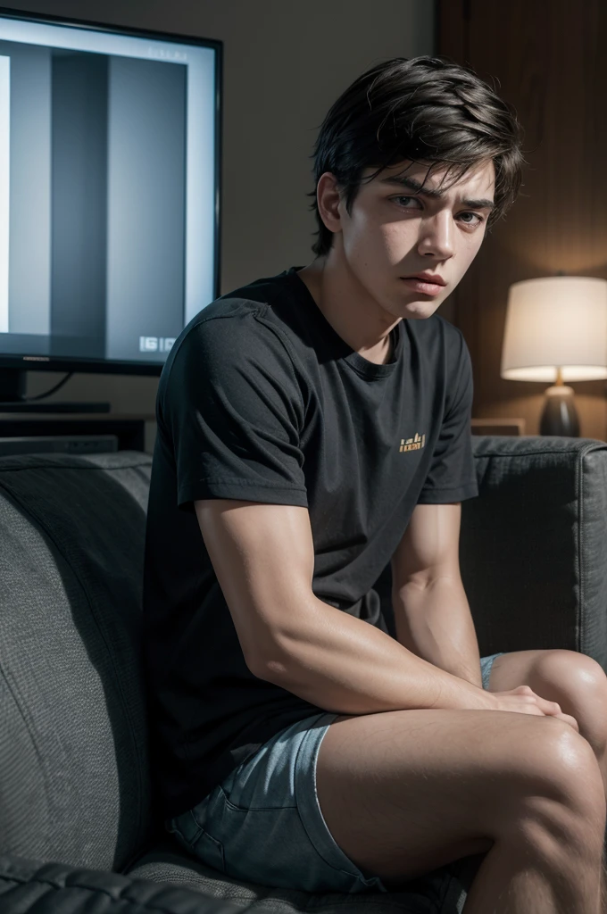 a frustrated young man sitting in front of a television and sitting on a sofa
