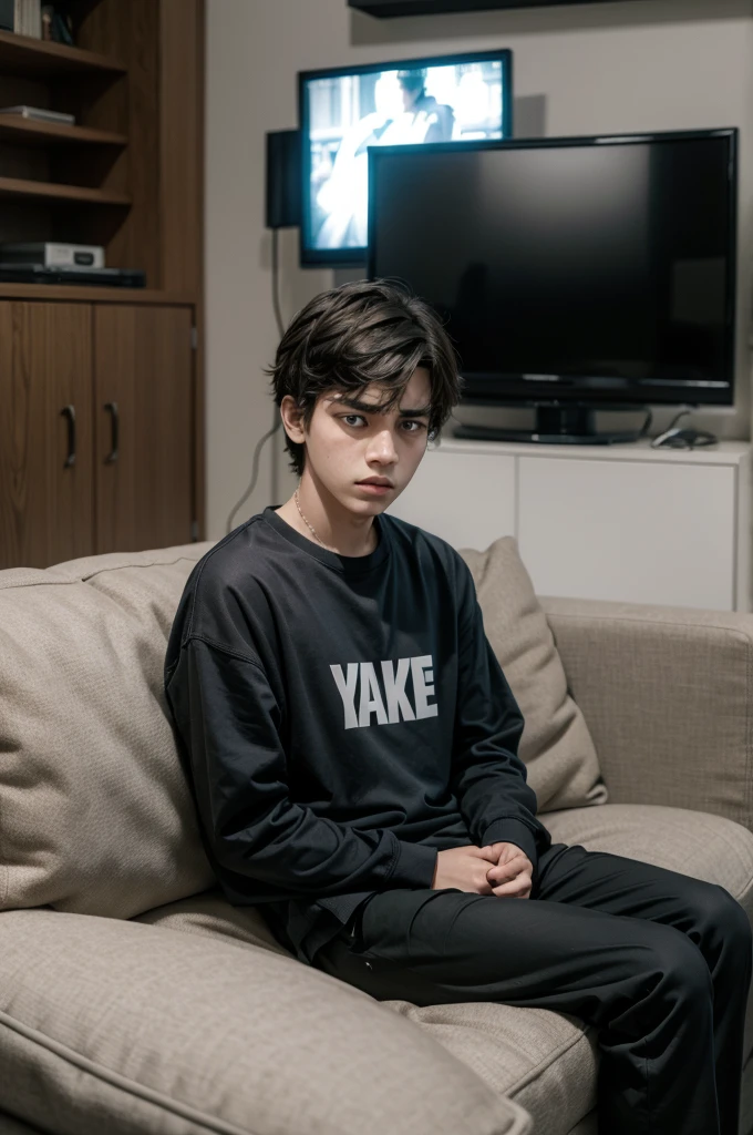 a frustrated young man sitting in front of a television and sitting on a sofa