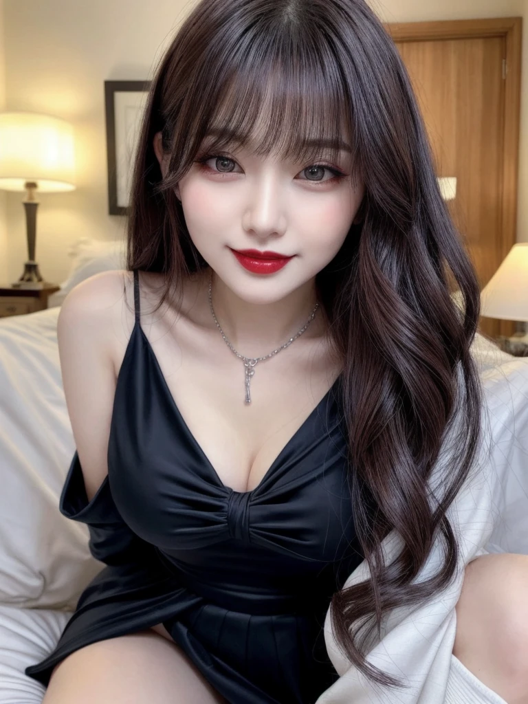 ra-detailed、Japanese、attractive beauty、seductive adult woman、pretty woman、piercing eyes、cool girl、wavy hair、swept bangs、Evil cadres、evil depravity、brainwash、mind control、lipstick、lip gloss、dark makeup、smirk、whisper in your ear、Evil expression、evil、hollow eyes,half-closed eyes、empty eyes、evil、vampire、succubus、vampire、Swear allegiance、sexy pose、hair ornaments、Charming, alluring, alluring, evil, seductive eyes, evil smile, exposed shoulders, exposed waist, exposed thighs, white color underwear, on the bed, night, warm light