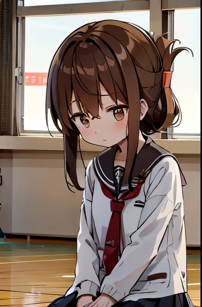 He is sitting on the floor of the school gymnasium, feeling unwell and holding his knees while observing a class.,(masterpiece, best quality:1.2),illustration,8k,HD,1girl,独奏,upper body,(portrait:1.2),brown_hair,folded_ponytail,brown_eyes,serafuku,long_hair,school_uniform,skirt,pleated_skirt,