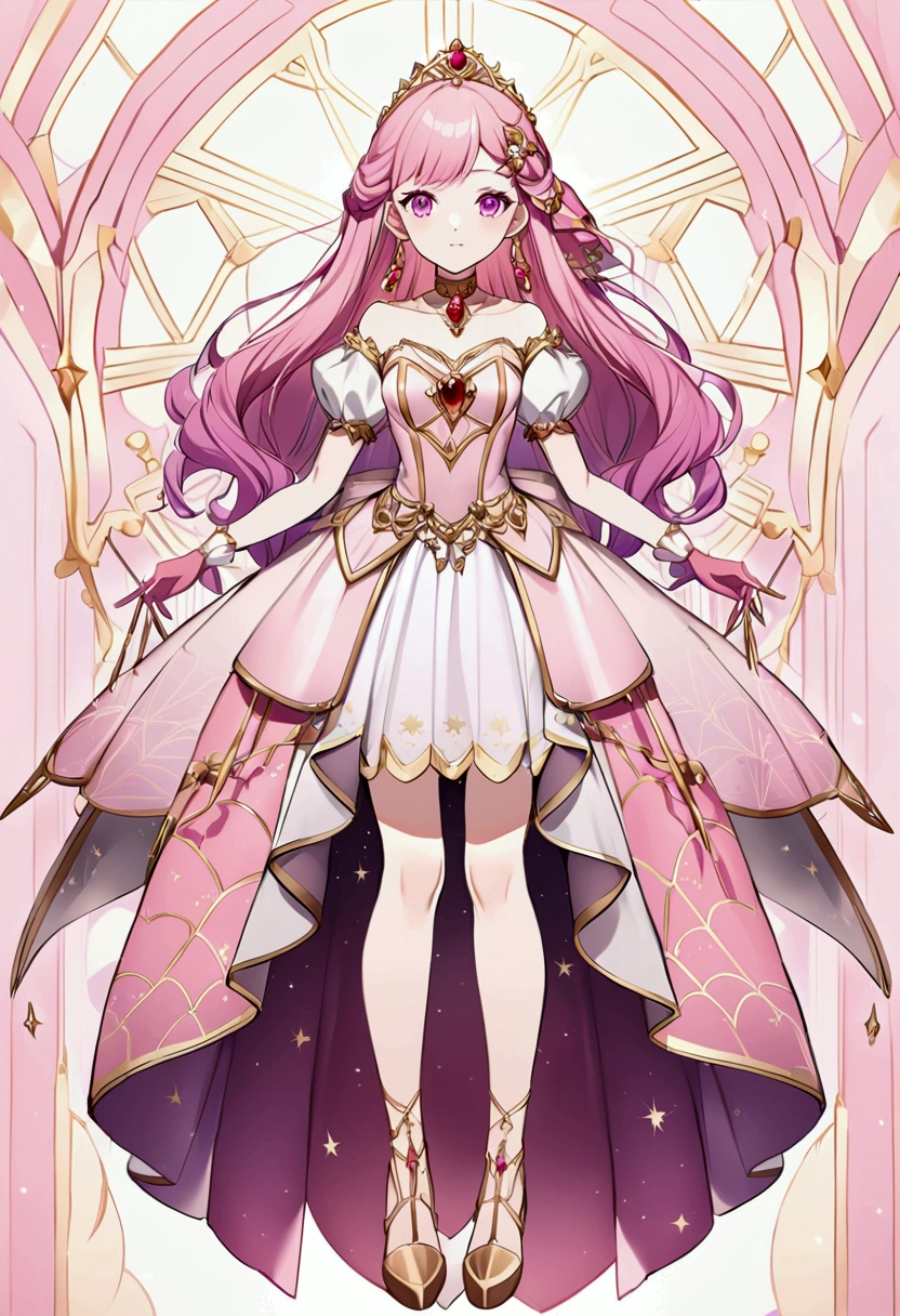 Create an anime-style girl with deep magenta eyes and long, wavy pink hair styled in an elegant updo. She is slender with small breasts. Ensure a full-body shot of her wearing a magical girl-themed outfit. The outfit features a fitted bodice with a sweetheart neckline, gold embroidery, and pastel pink accents. The bodice has delicate rose gold spider web patterns. She wears a multi-layered knee-length skirt with a high-low hemline, the outermost layer sheer with gold and rose gold spider web patterns. She has off-the-shoulder puff sleeves, arm-length pastel pink gloves with gold trim, and a gold choker with a red gemstone. The outfit includes a short, detachable sheer cape with rose gold spider web patterns and is fastened with gold brooches. She wears pastel pink ankle boots with gold heels and rose gold laces. Accessories include a gold tiara with a red gemstone and gold spider-shaped hairpins. The overall look is regal and ethereal, with magical glowing effects.