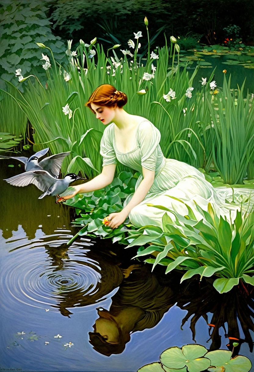 painting of a woman feeding birds in a pond with lilyes, by Arthur Drummond, by Herbert James Gunn, herbert james draper, by Frank Leonard Brooks, by Paul Émile Chabas, by Randolph Schwabe, by Leon Kroll, by Frank Schoonover, by Howard Chandler Christy, by Robert Reid, by Edward Arthur Walton, by Frank Barrington Craig, art nouveau painting


